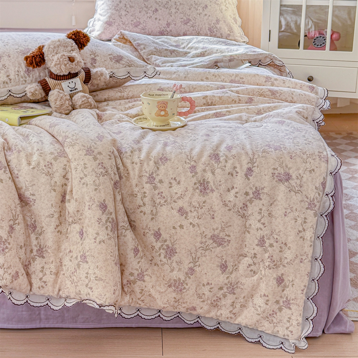 91家纺网 家纺一手货源 找家纺 被窝家纺 2026新款全棉纯棉有氧双层纱多功能夏被夏凉被空调被四件套 紫罗兰