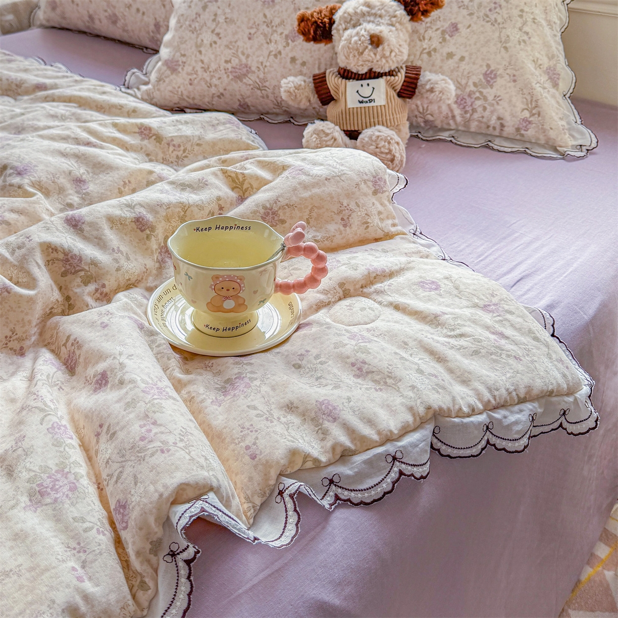 91家纺网 家纺一手货源 找家纺 被窝家纺 2026新款全棉纯棉有氧双层纱多功能夏被夏凉被空调被四件套 紫罗兰