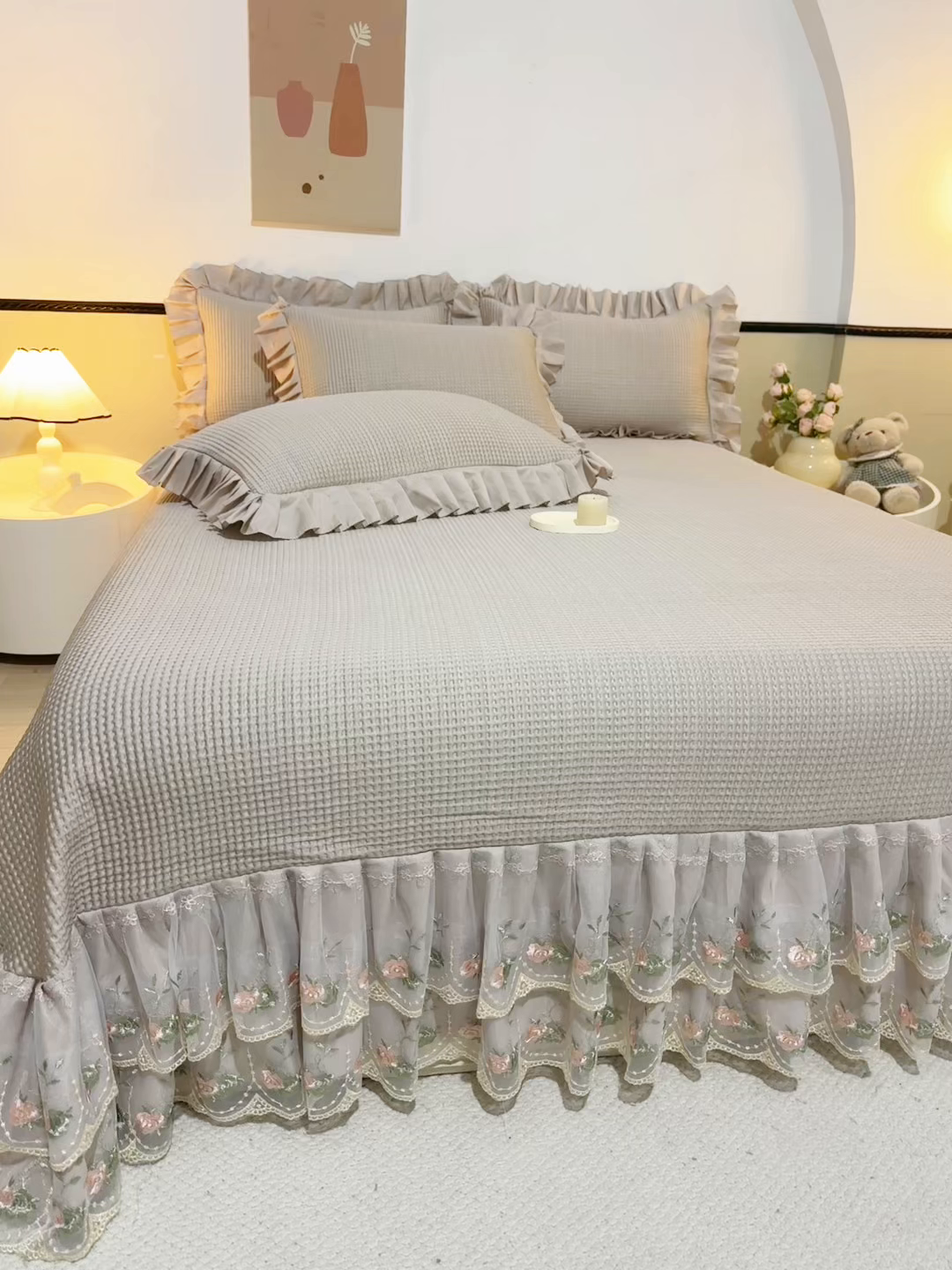 91家纺网 家纺一手货源 找家纺 能好家纺 2026春夏新款华夫格pe豆豆席凉席席子 咖