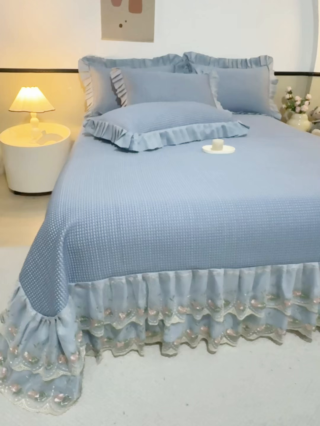 91家纺网 家纺一手货源 找家纺 能好家纺 2026春夏新款华夫格pe豆豆席凉席席子 蓝