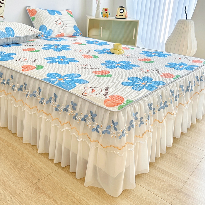 91家纺网 家纺一手货源 找家纺 能好家纺 2026春夏新款小清新乳胶床裙款凉席席子 春暖花开