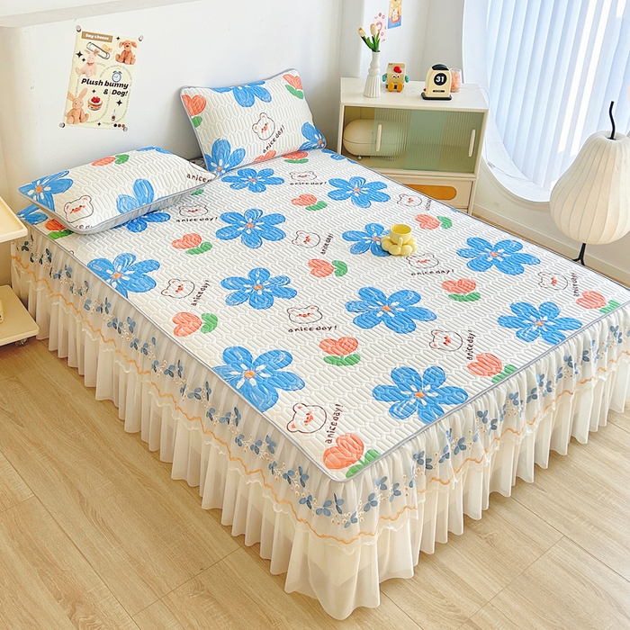 91家纺网 家纺一手货源 找家纺 能好家纺 2026春夏新款小清新乳胶床裙款凉席席子 春暖花开