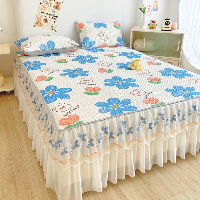 91家纺网 家纺一手货源 找家纺 能好家纺 2026春夏新款小清新乳胶床裙款凉席席子 春暖花开