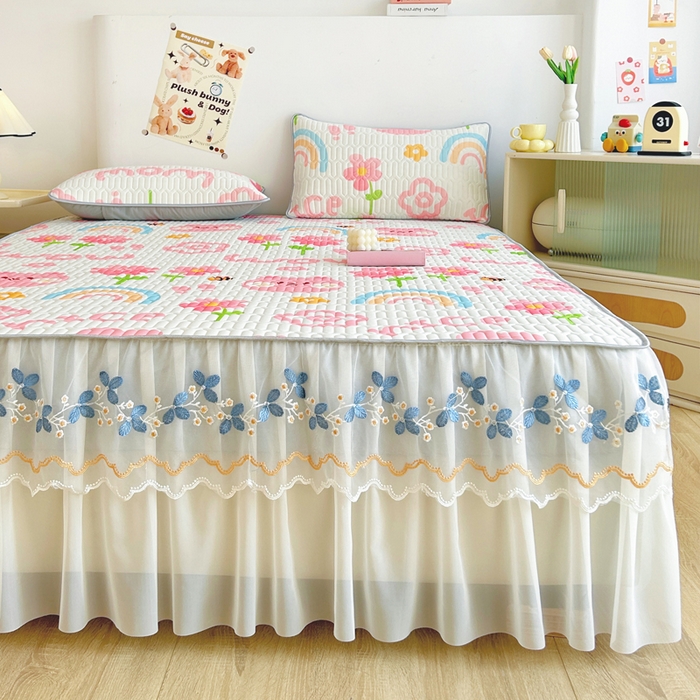 91家纺网 家纺一手货源 找家纺 能好家纺 2026春夏新款小清新乳胶床裙款凉席席子 开心花园