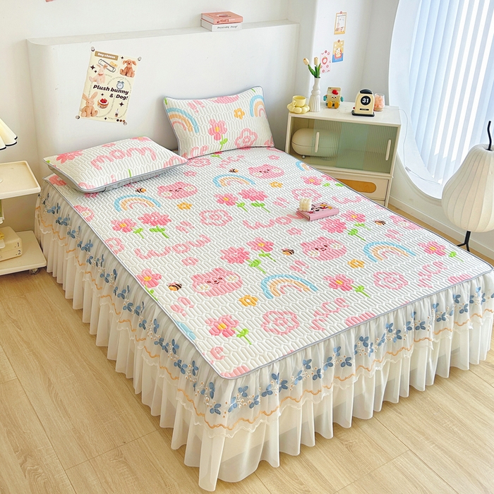 91家纺网 家纺一手货源 找家纺 能好家纺 2026春夏新款小清新乳胶床裙款凉席席子 开心花园