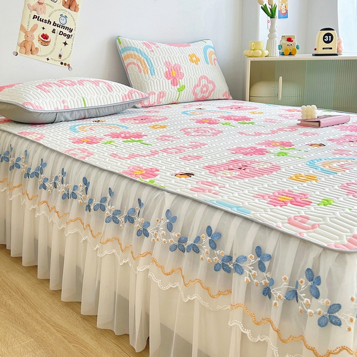 91家纺网 家纺一手货源 找家纺 能好家纺 2026春夏新款小清新乳胶床裙款凉席席子 开心花园