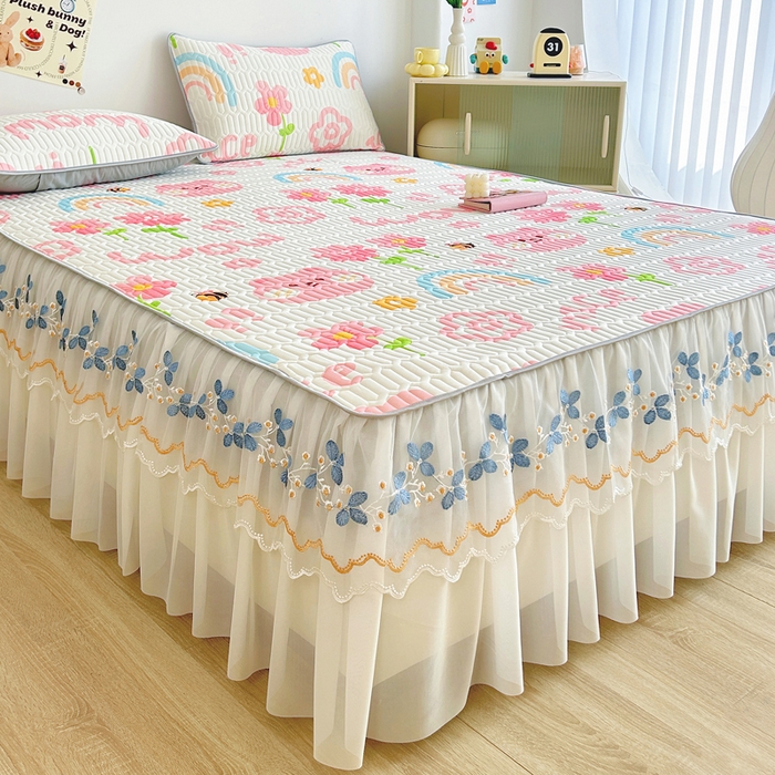 91家纺网 家纺一手货源 找家纺 能好家纺 2026春夏新款小清新乳胶床裙款凉席席子 开心花园