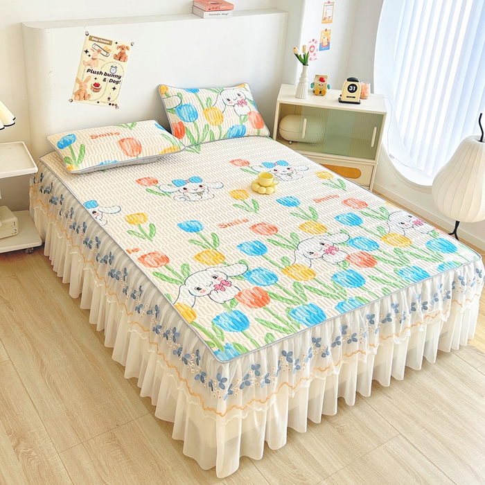 91家纺网 家纺一手货源 找家纺 能好家纺 2026春夏新款小清新乳胶床裙款凉席席子 可爱花园