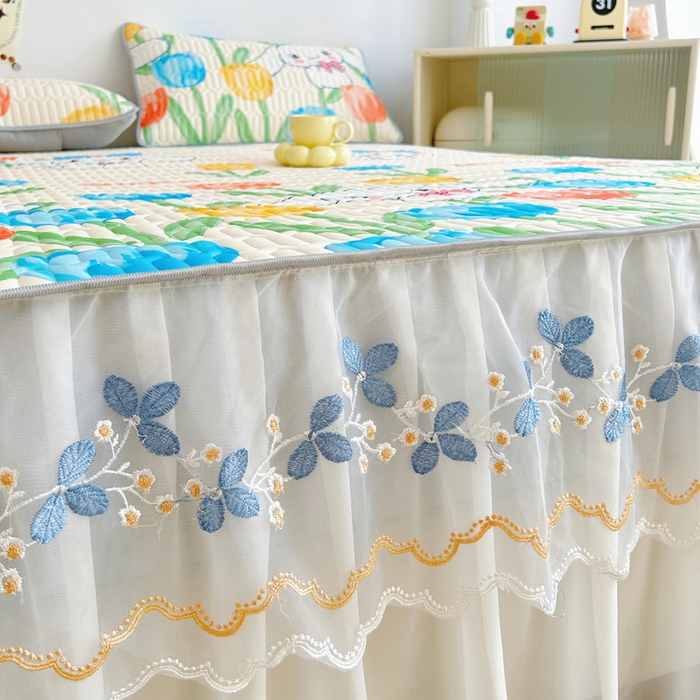 91家纺网 家纺一手货源 找家纺 能好家纺 2026春夏新款小清新乳胶床裙款凉席席子 可爱花园