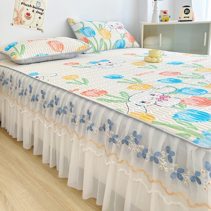 91家纺网 家纺一手货源 找家纺 能好家纺 2026春夏新款小清新乳胶床裙款凉席席子 可爱花园