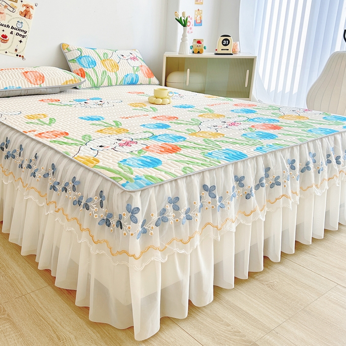 91家纺网 家纺一手货源 找家纺 能好家纺 2026春夏新款小清新乳胶床裙款凉席席子 可爱花园