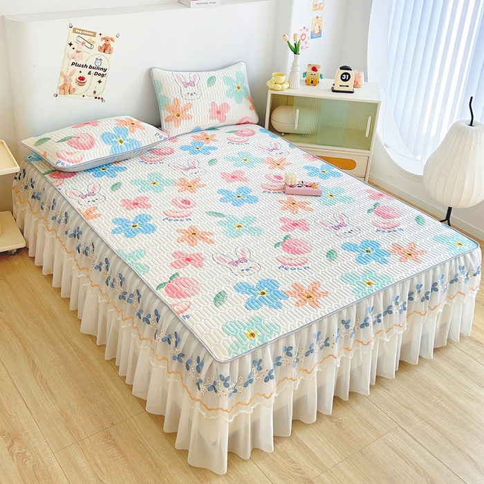 91家纺网 家纺一手货源 找家纺 能好家纺 2026春夏新款小清新乳胶床裙款凉席席子 夏韵