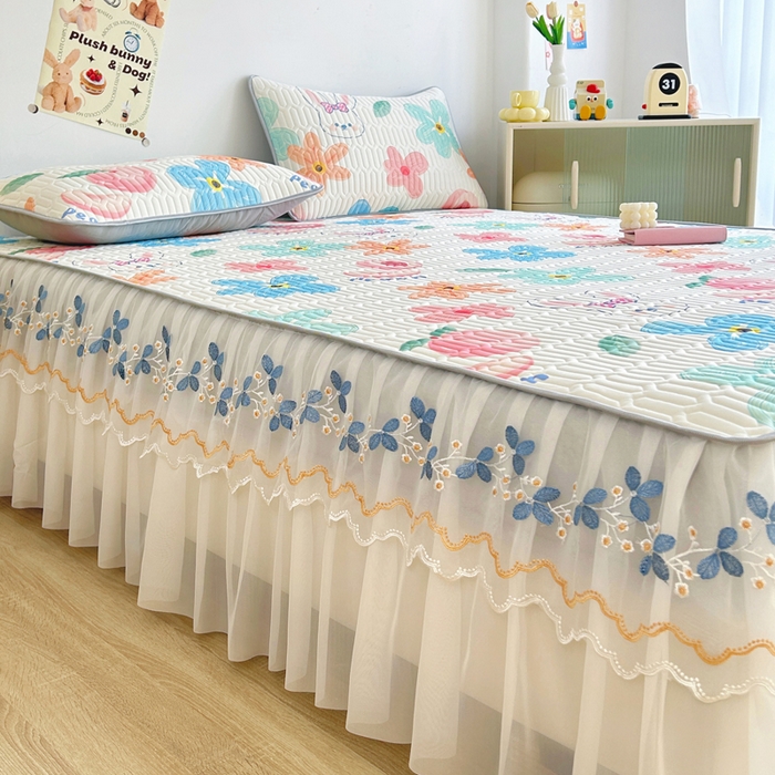 91家纺网 家纺一手货源 找家纺 能好家纺 2026春夏新款小清新乳胶床裙款凉席席子 夏韵