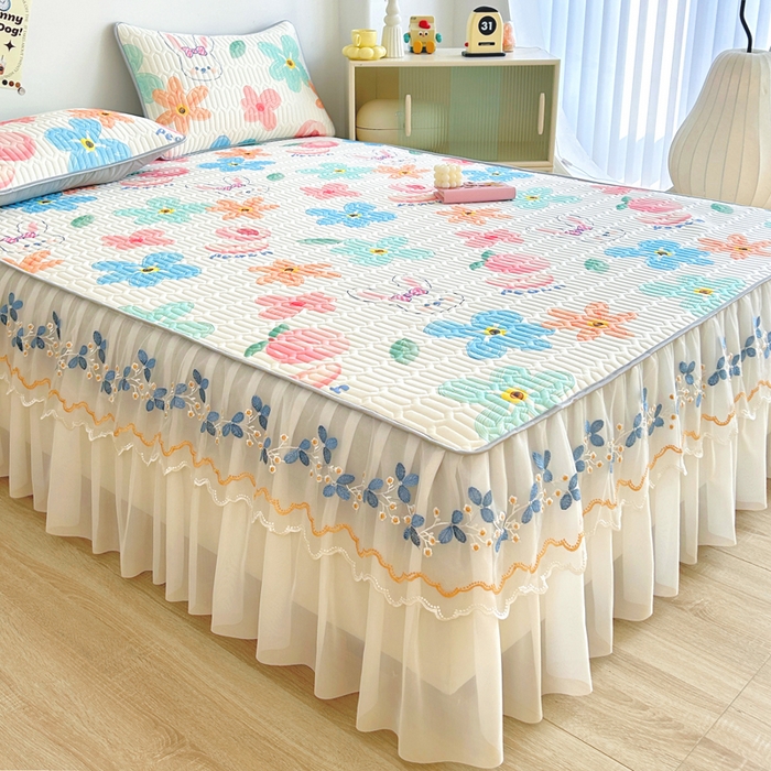 91家纺网 家纺一手货源 找家纺 能好家纺 2026春夏新款小清新乳胶床裙款凉席席子 夏韵