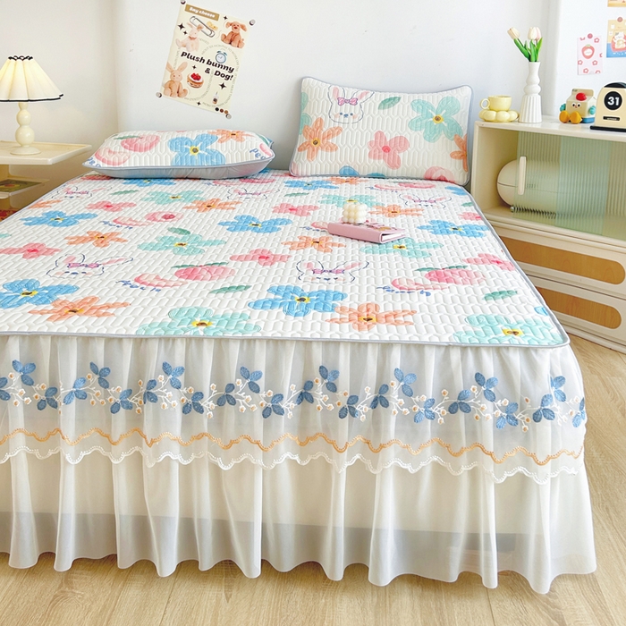 91家纺网 家纺一手货源 找家纺 能好家纺 2026春夏新款小清新乳胶床裙款凉席席子 夏韵