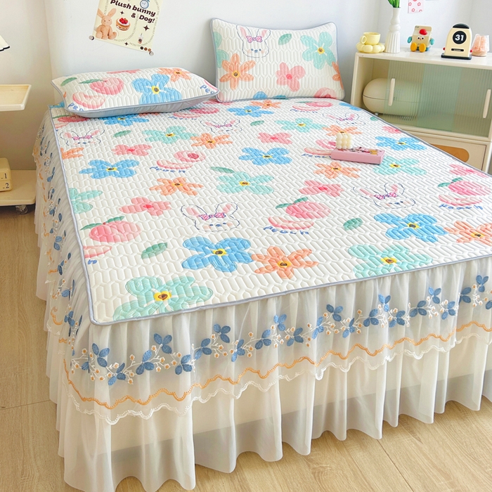 91家纺网 家纺一手货源 找家纺 能好家纺 2026春夏新款小清新乳胶床裙款凉席席子 夏韵