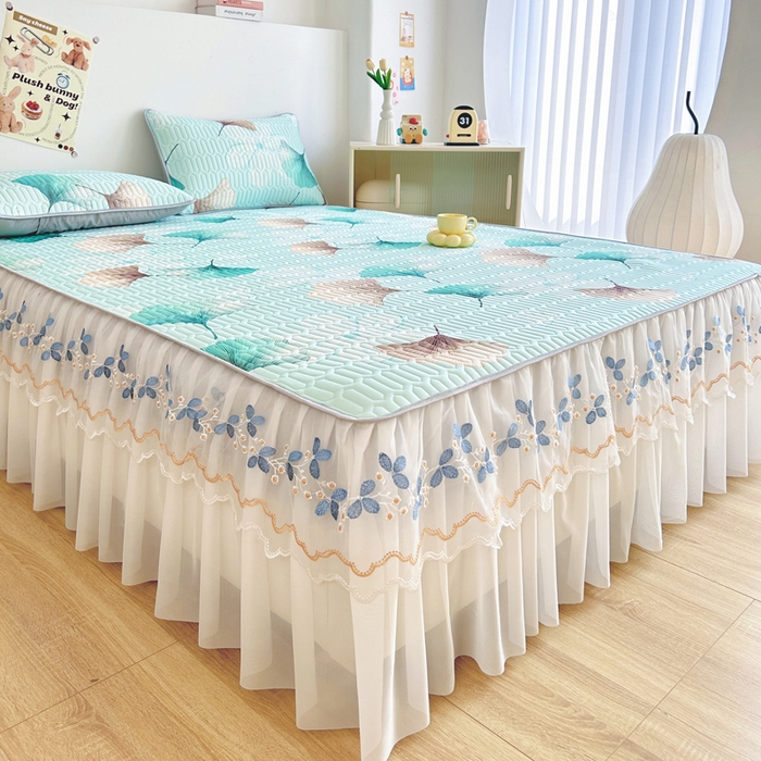 91家纺网 家纺一手货源 找家纺 能好家纺 2026春夏新款小清新乳胶床裙款凉席席子 叶清新