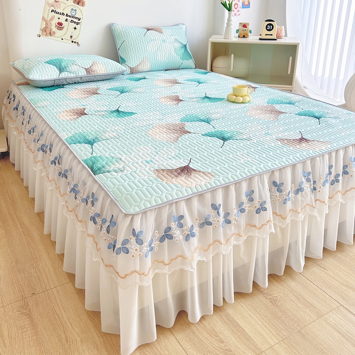 91家纺网 家纺一手货源 找家纺 能好家纺 2026春夏新款小清新乳胶床裙款凉席席子 叶清新