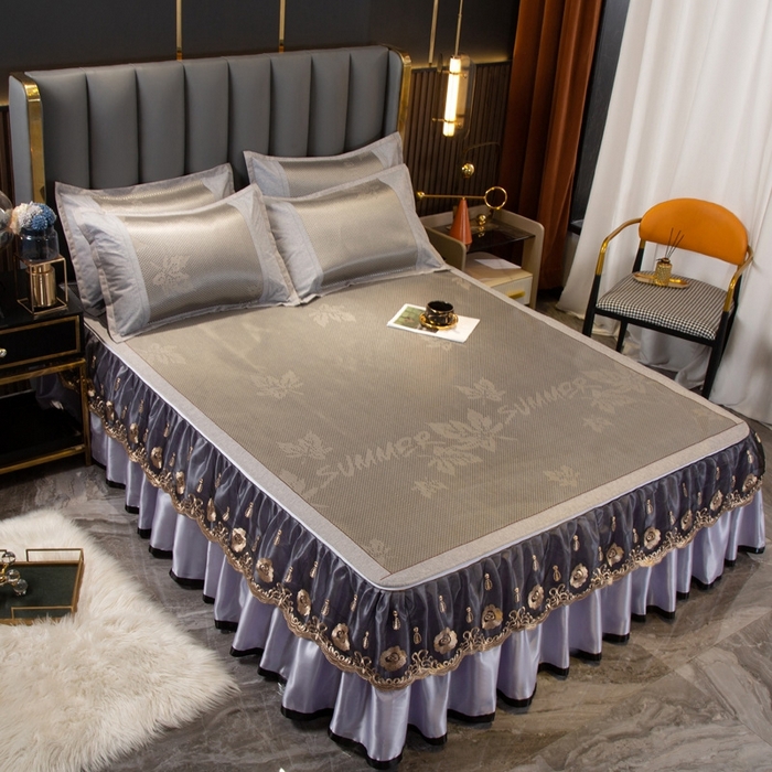 91家纺网 家纺一手货源 找家纺 能好家纺 2026春夏新款提花冰藤床裙款凉席席子 枫叶 灰