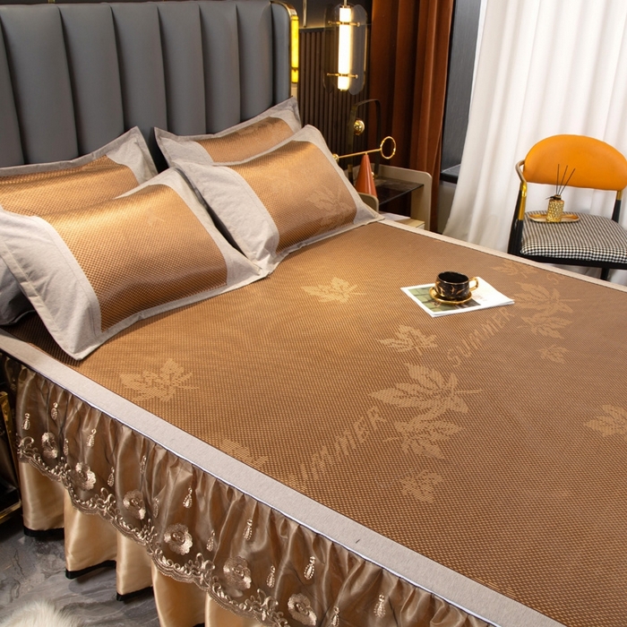 91家纺网 家纺一手货源 找家纺 能好家纺 2026春夏新款提花冰藤床裙款凉席席子 枫叶 咖