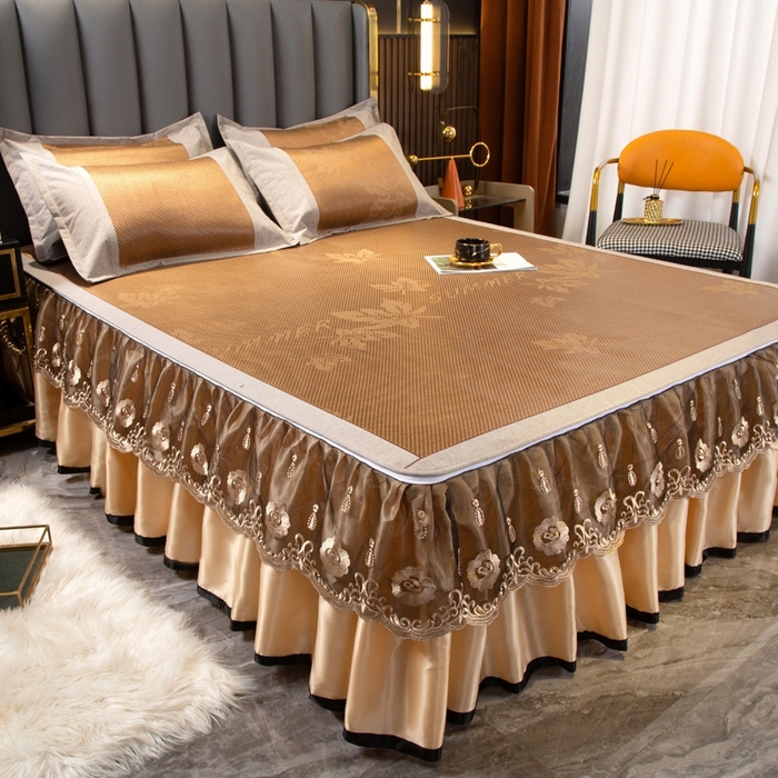 91家纺网 家纺一手货源 找家纺 能好家纺 2026春夏新款提花冰藤床裙款凉席席子 枫叶 咖