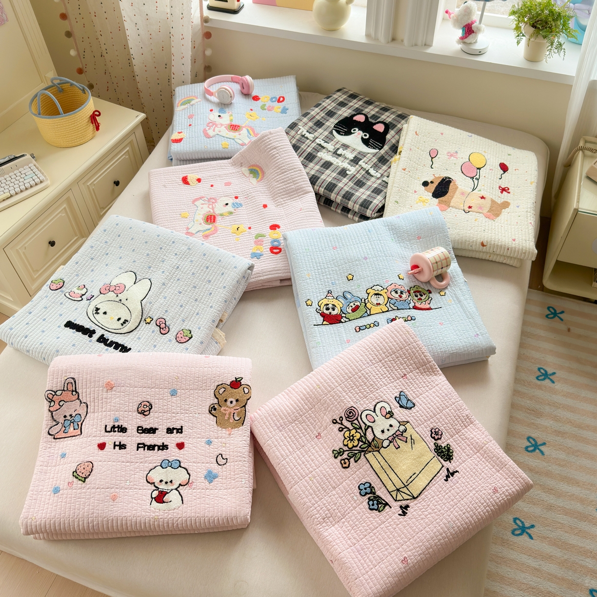 91家纺网 家纺一手货源 找家纺 （总）乐童家纺 2026新款双面纯棉水洗两用毛巾绣床盖四件套-第一波