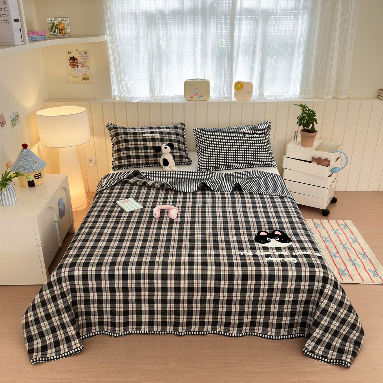 乐童家纺 2026新款双面纯棉水洗两用毛巾绣床盖四件套-第一波 床盖款-格子萌猫