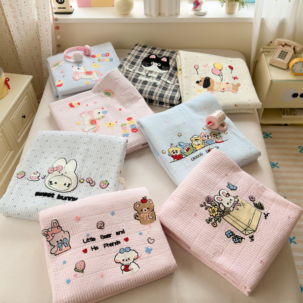 91家纺网 家纺一手货源 找家纺 乐童家纺 2026新款双面纯棉水洗两用毛巾绣床盖四件套-第一波 组合图