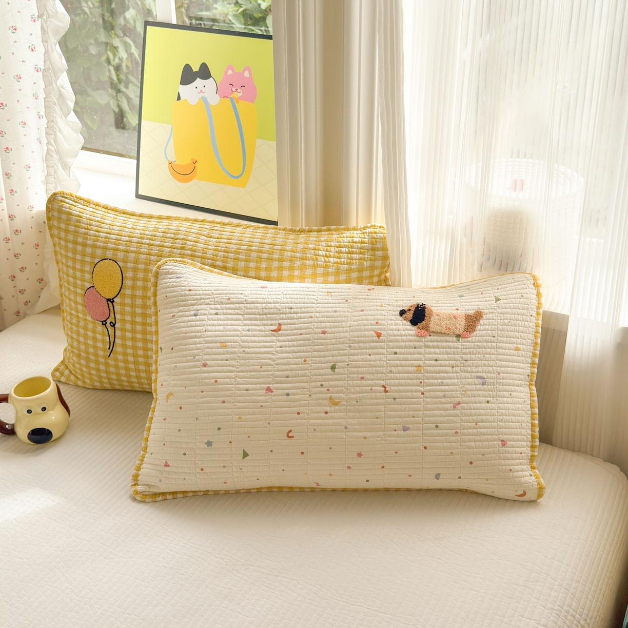 91家纺网 家纺一手货源 找家纺 乐童家纺 2026新款双面纯棉水洗两用毛巾绣床盖四件套-第一波 床盖款-气球狗