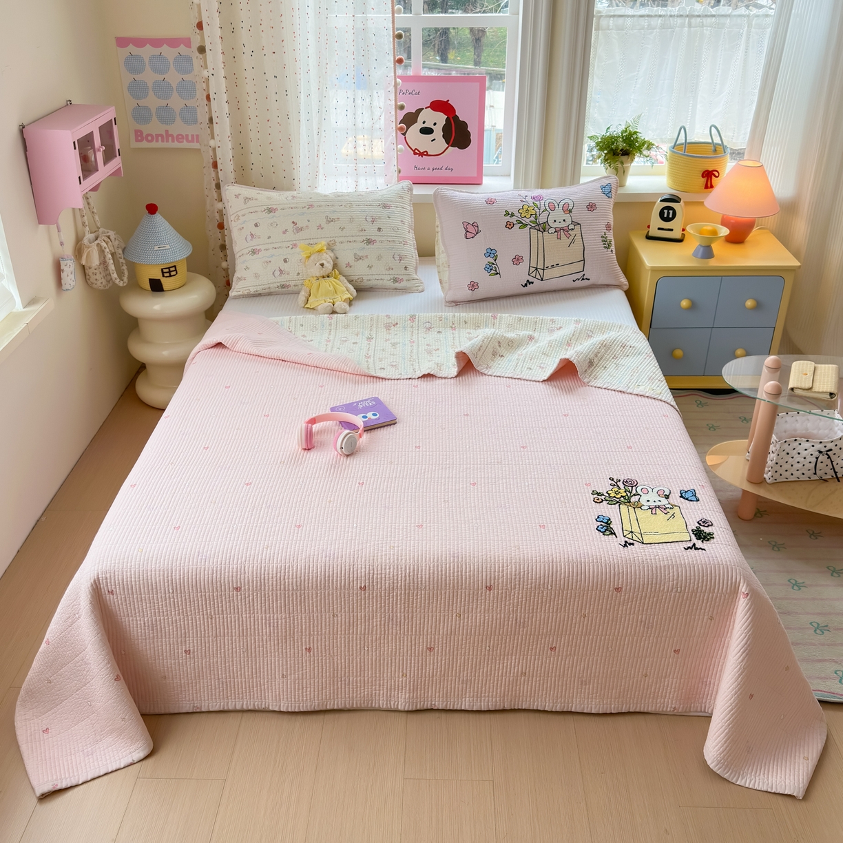 乐童家纺 2026新款双面纯棉水洗两用毛巾绣床盖四件套-第一波 床盖款-小兔花园