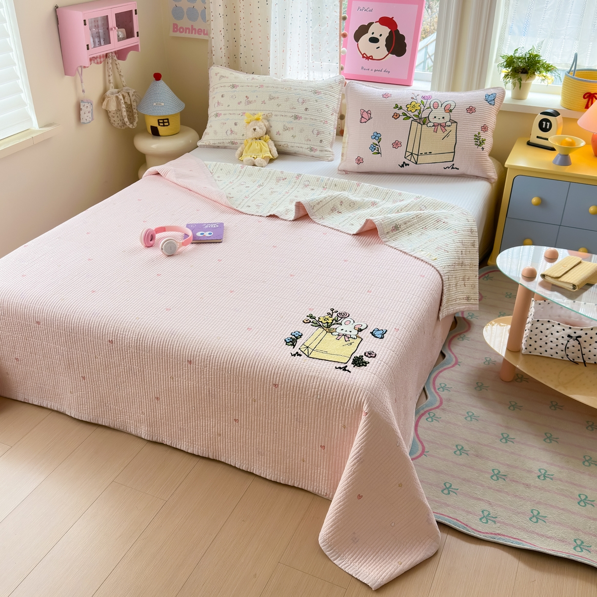 91家纺网 家纺一手货源 找家纺 乐童家纺 2026新款双面纯棉水洗两用毛巾绣床盖四件套-第一波 床盖款-小兔花园