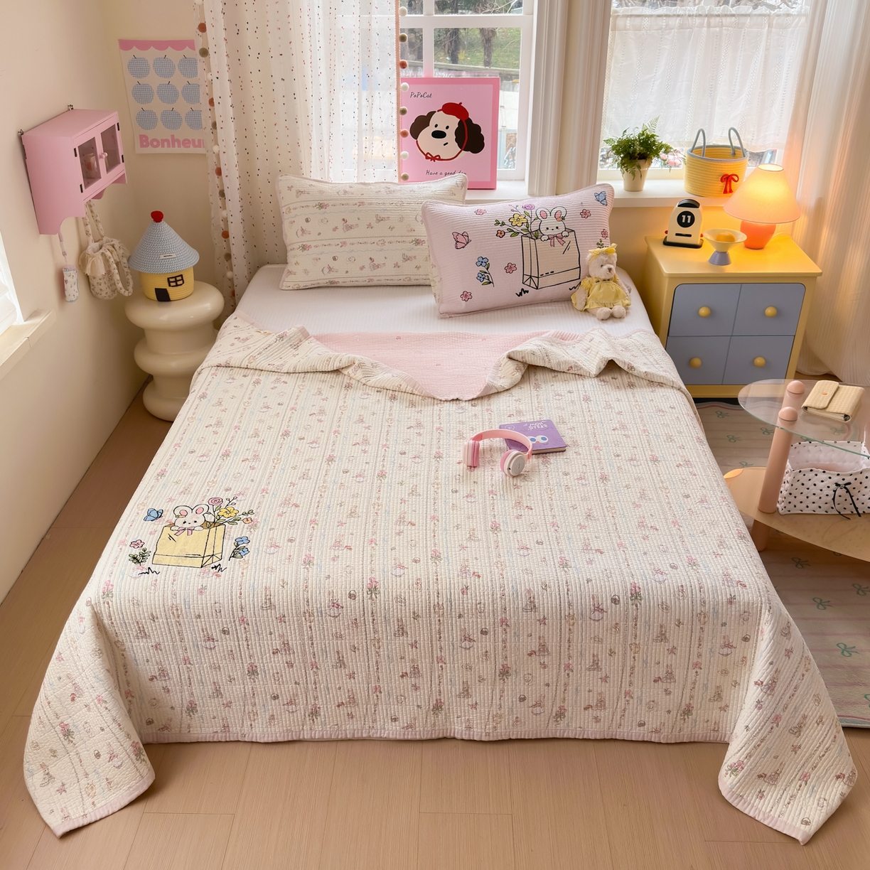 91家纺网 家纺一手货源 找家纺 乐童家纺 2026新款双面纯棉水洗两用毛巾绣床盖四件套-第一波 床盖款-小兔花园