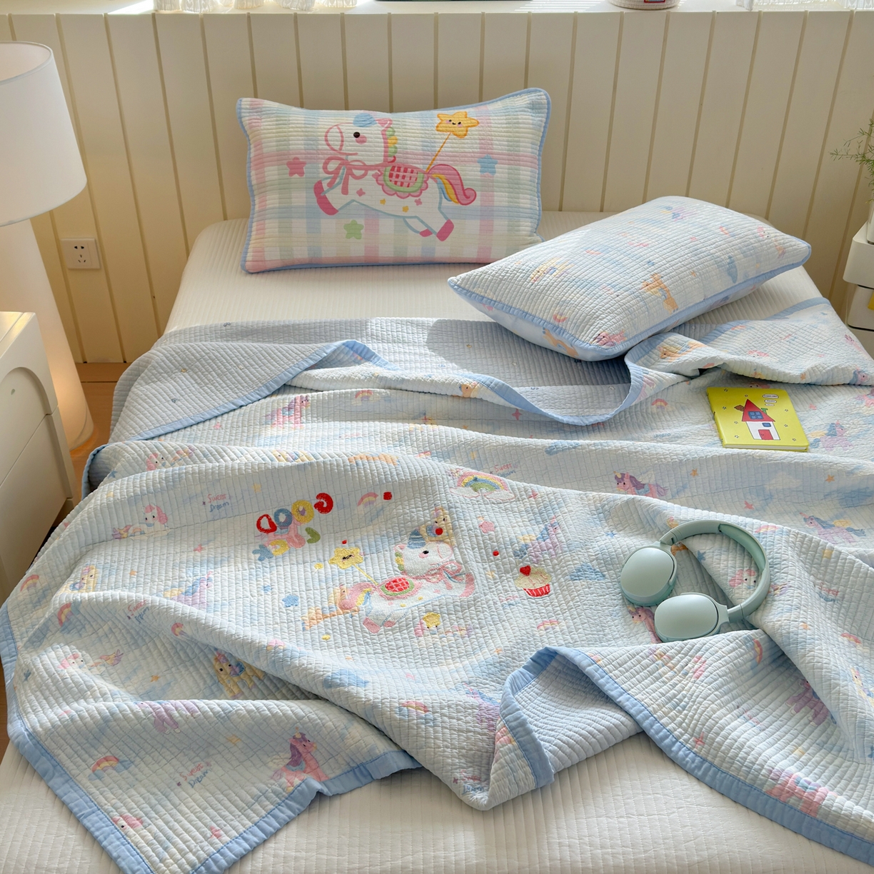 91家纺网 家纺一手货源 找家纺 乐童家纺 2026新款双面纯棉水洗两用毛巾绣床盖四件套-第一波 床盖款-马上有钱蓝