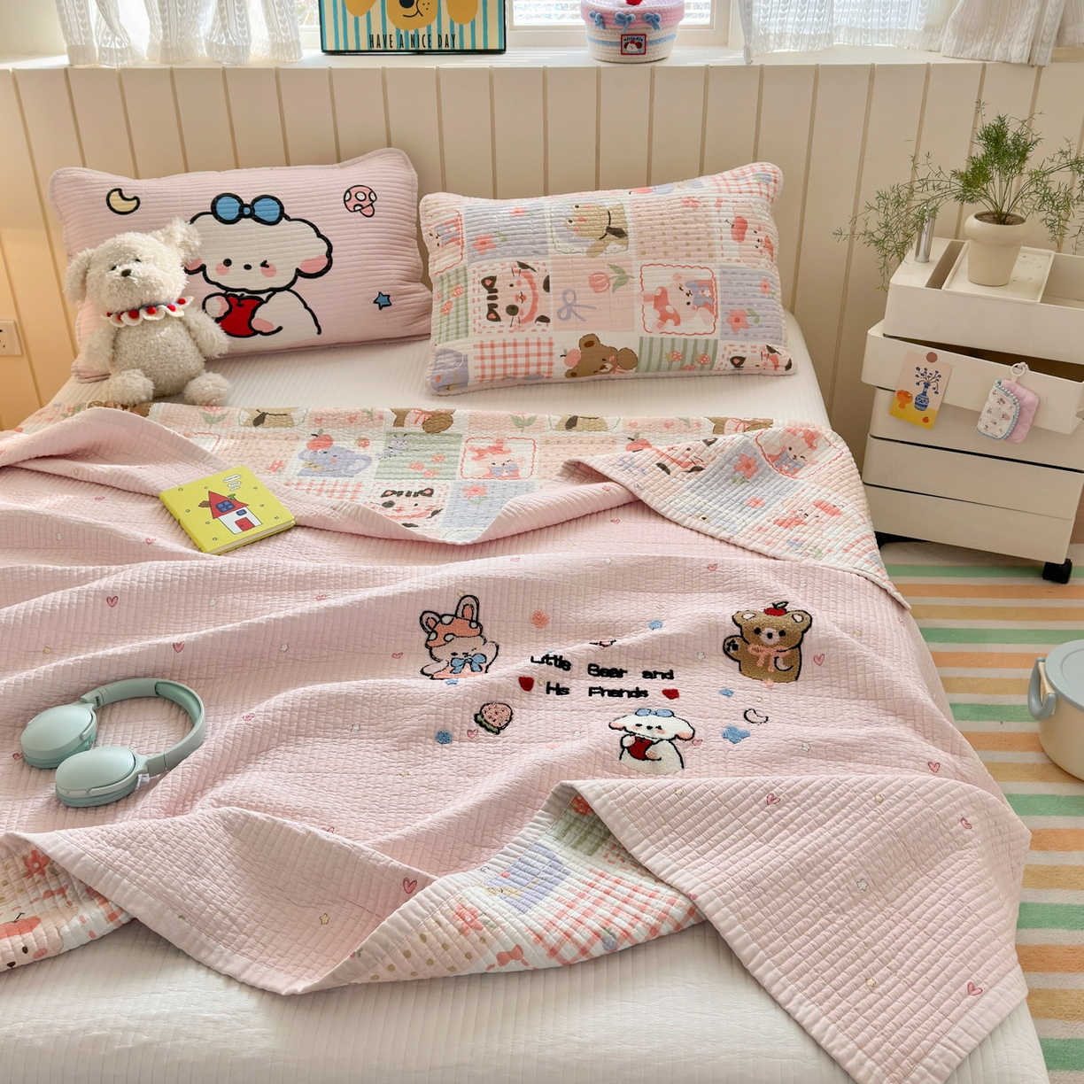 91家纺网 家纺一手货源 找家纺 乐童家纺 2026新款双面纯棉水洗两用毛巾绣床盖四件套-第一波 床盖款-拼图乐园