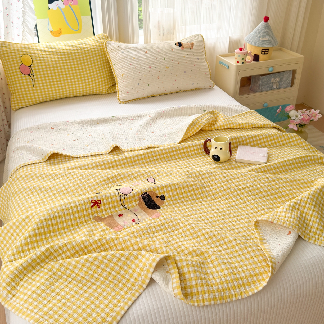 91家纺网 家纺一手货源 找家纺 乐童家纺 2026新款双面纯棉水洗两用毛巾绣床盖四件套-第一波 床盖款-气球狗