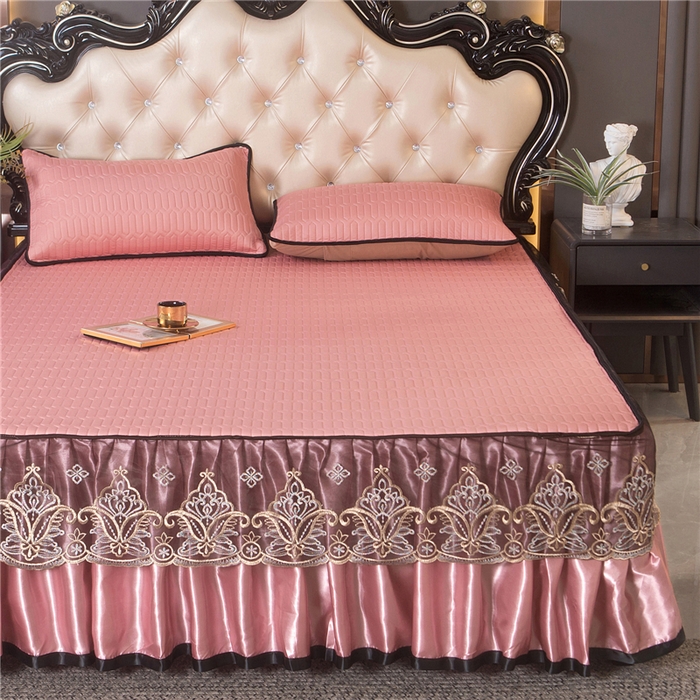 能好家纺 2026春夏新款纯色+印花凉感丝乳胶凉席床裙款三件套 豆沙