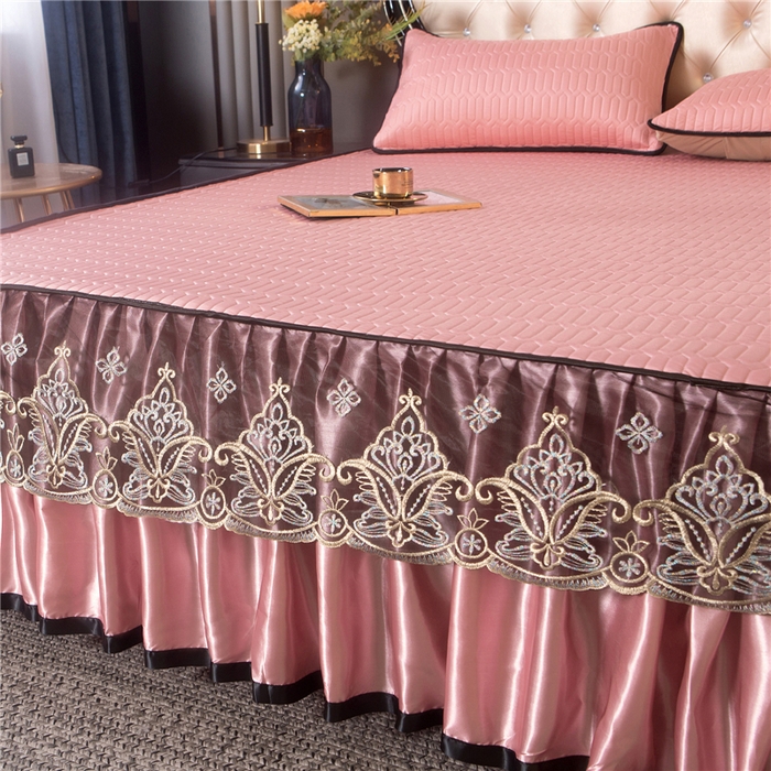 91家纺网 家纺一手货源 找家纺 能好家纺 2026春夏新款纯色+印花凉感丝乳胶凉席床裙款三件套 豆沙