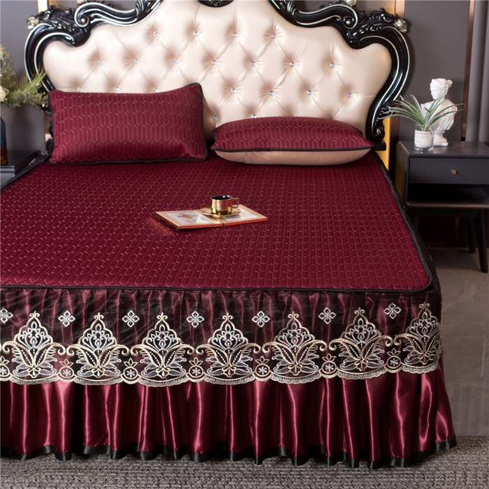 能好家纺 2026春夏新款纯色+印花凉感丝乳胶凉席床裙款三件套 酒红