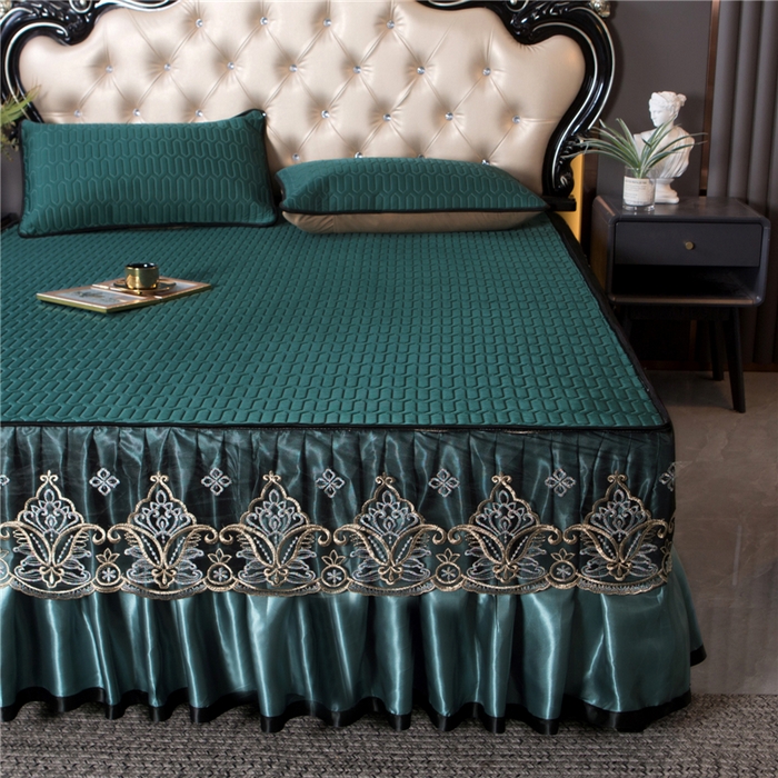 能好家纺 2026春夏新款纯色+印花凉感丝乳胶凉席床裙款三件套 墨绿