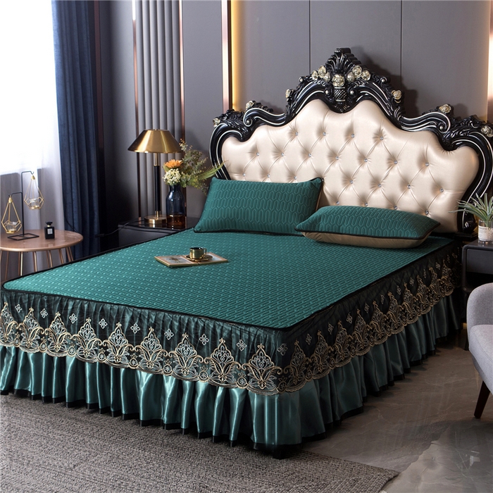 91家纺网 家纺一手货源 找家纺 能好家纺 2026春夏新款纯色+印花凉感丝乳胶凉席床裙款三件套 墨绿