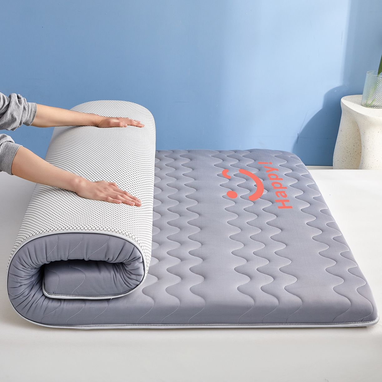 月茶家纺 2026新款单边三波浪牛奶丝乳胶床垫 单边三波浪灰