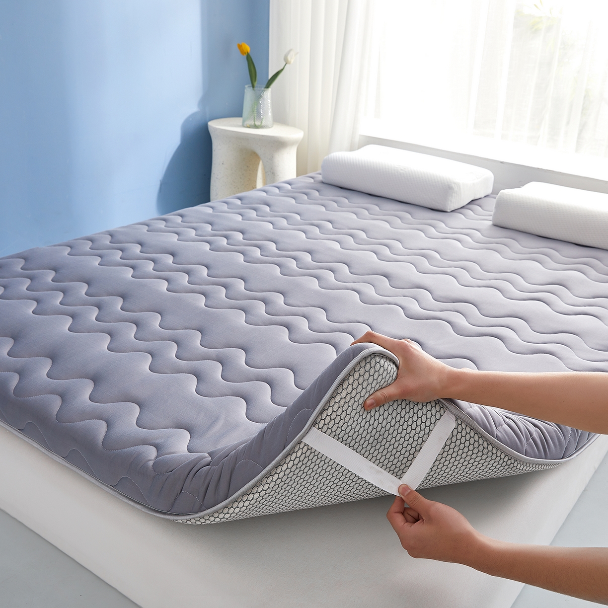 91家纺网 家纺一手货源 找家纺 月茶家纺 2026新款单边三波浪牛奶丝乳胶床垫 单边三波浪灰