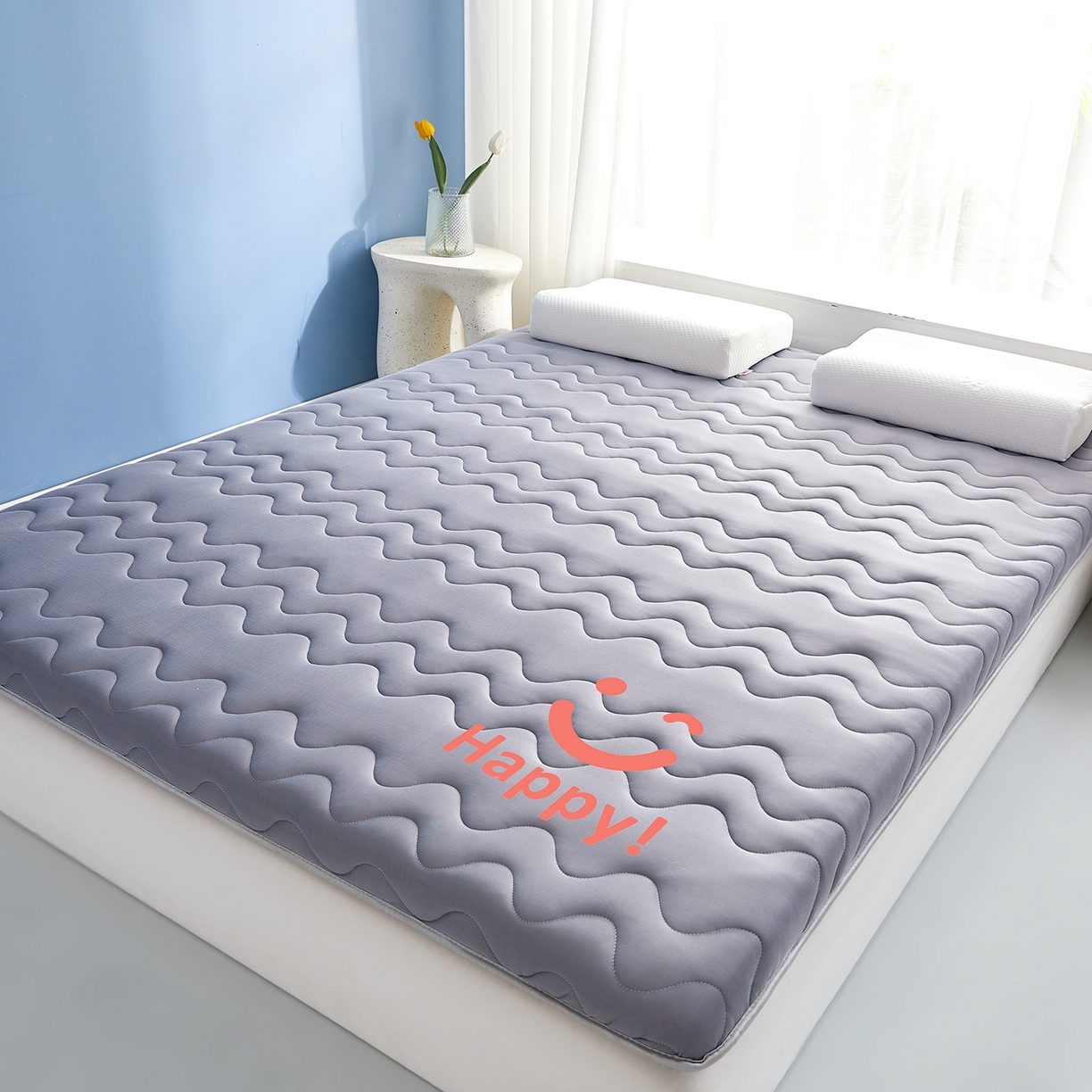 91家纺网 家纺一手货源 找家纺 月茶家纺 2026新款单边三波浪牛奶丝乳胶床垫 单边三波浪灰