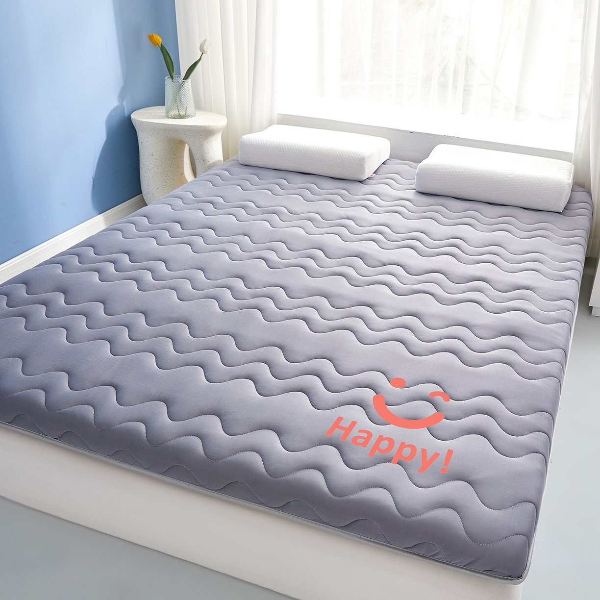 91家纺网 家纺一手货源 找家纺 月茶家纺 2026新款单边三波浪牛奶丝乳胶床垫 单边三波浪灰