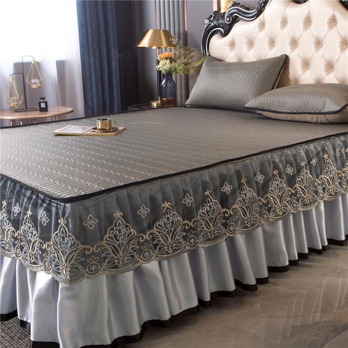 91家纺网 家纺一手货源 找家纺 能好家纺 2026春夏新款纯色+印花凉感丝乳胶凉席床裙款三件套 棕色