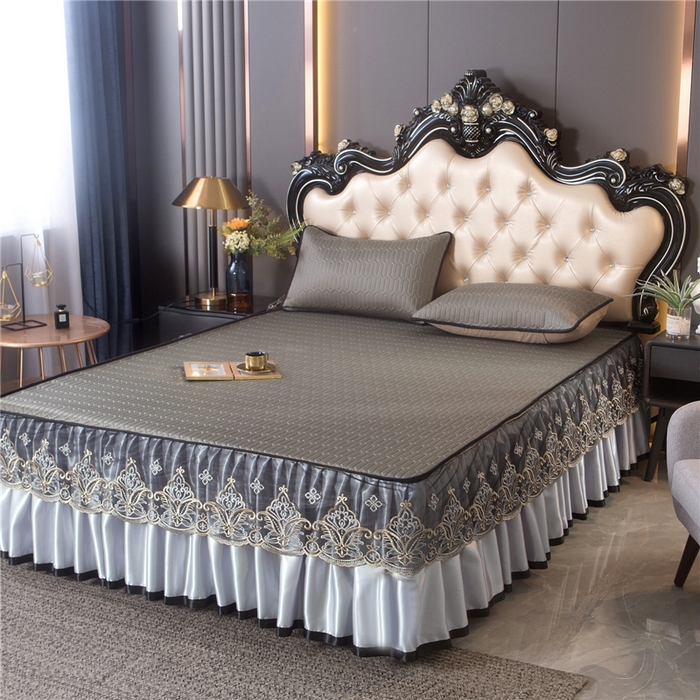 91家纺网 家纺一手货源 找家纺 能好家纺 2026春夏新款纯色+印花凉感丝乳胶凉席床裙款三件套 棕色