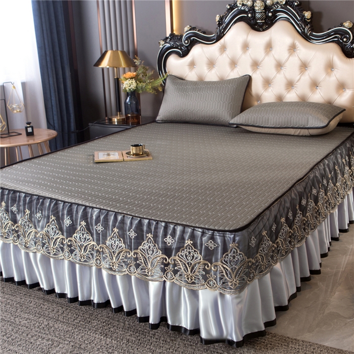 91家纺网 家纺一手货源 找家纺 能好家纺 2026春夏新款纯色+印花凉感丝乳胶凉席床裙款三件套 棕色