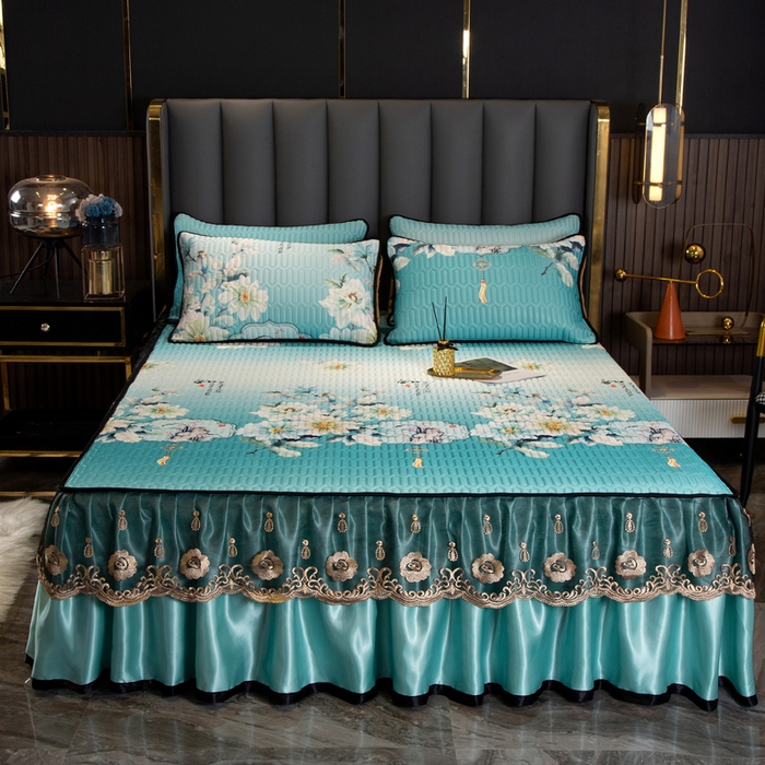 91家纺网 家纺一手货源 找家纺 能好家纺 2026春夏新款纯色+印花凉感丝乳胶凉席床裙款三件套 古韵