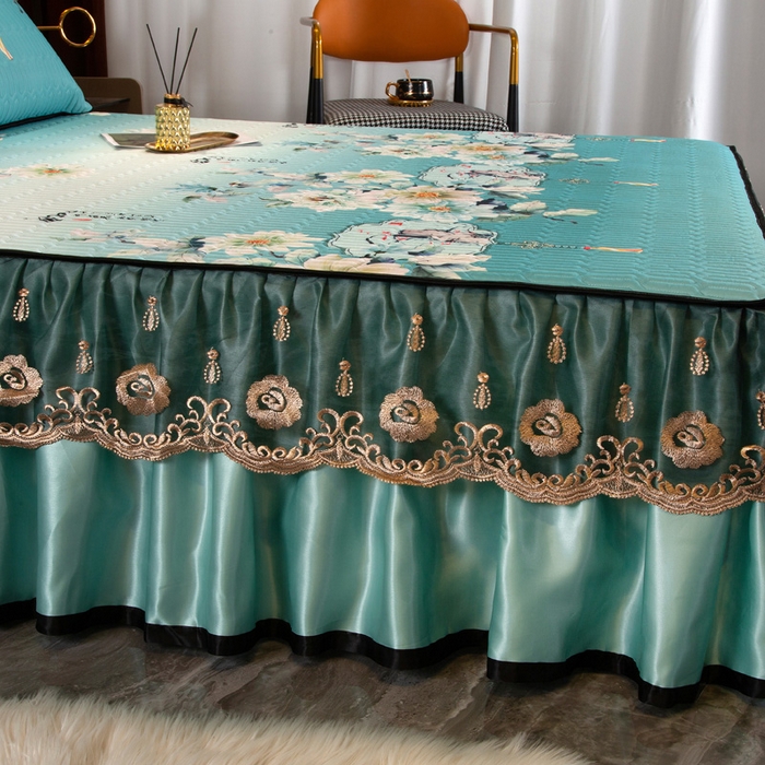 91家纺网 家纺一手货源 找家纺 能好家纺 2026春夏新款纯色+印花凉感丝乳胶凉席床裙款三件套 古韵