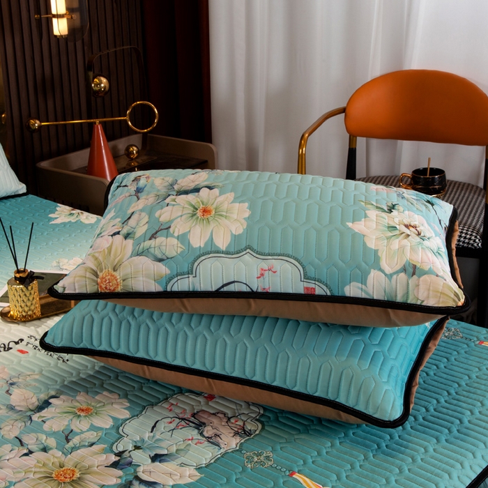 91家纺网 家纺一手货源 找家纺 能好家纺 2026春夏新款纯色+印花凉感丝乳胶凉席床裙款三件套 古韵